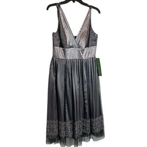 NightWay Cocktail Dress 10 Plunging Satin Gray Tulle Overlay Beaded Hem Wedding